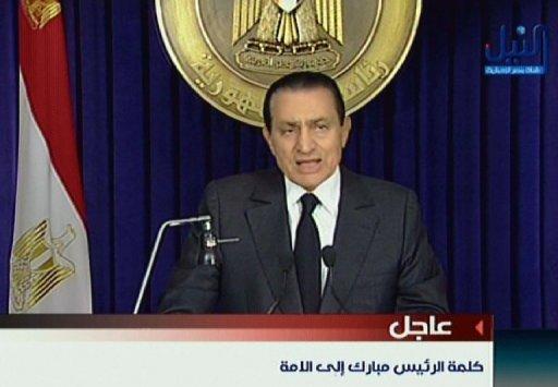 El presidente de Egipto Hosni Mubarak en su discurso en la TV de su país