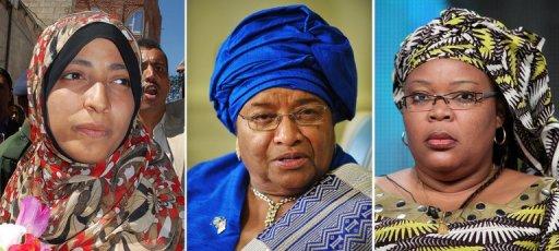 De izquierda a derecha, la yemení Tawakkul Karman, presidenta de Liberia Ellen Johnson Sirleaf y la liberiana Gboowee