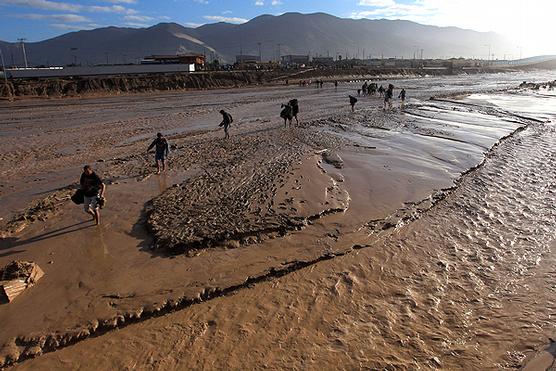 Pobladores transitan sobre el lodo desplazado sobre Chañaral