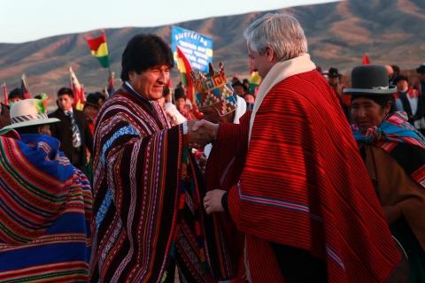 Morales y García Linera, ayer en Tiahuanaco