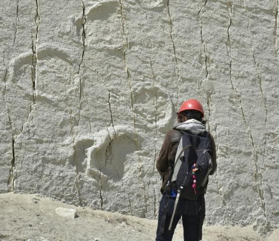 Turistas observan huellas de dinosaurios en el parque cretácico de Sucre en Bolivia