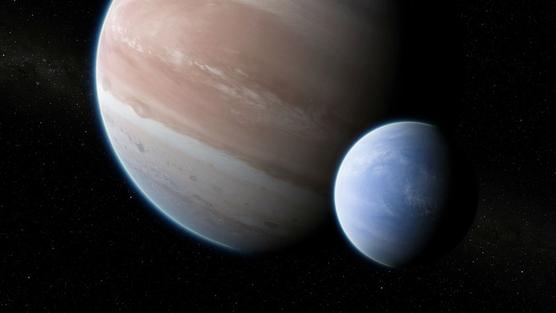 Ilustración del  exoplaneta Kepler-1625b con una luna conjeturada