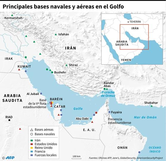 Mapa con las principales bases aéreas y navales en la zona del Golfo