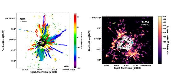 En la imagen izquierda se observan los filamentos de la explosión. A la derecha, la estrella de Feldt (círculo rosa)