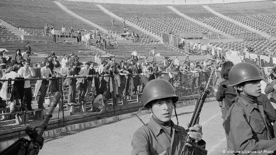 Personas detenidas ilegalmente por el ejército y la policía durante el golpe militar en Chile, en el Estadio Nacional deSantiago