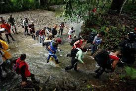 Migrantes caminan en el sector de Lajas Blancas en el Darién (Panamá). EFE/Carlos Lemos