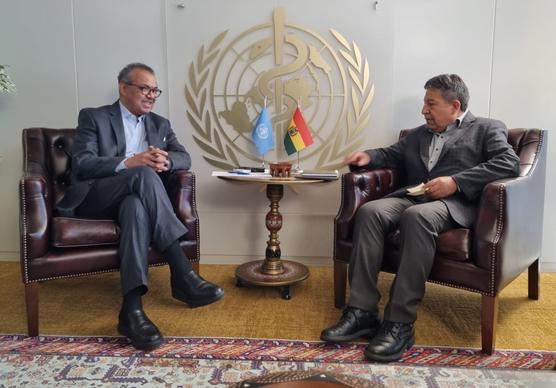 Reunión entre el vicepresidente, David Choquehuanca, y el director general de la OMS, Tedros Adhanom.