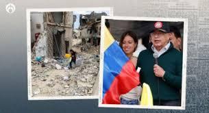 Petro con una bandera y al costado la destrucción de Gaza